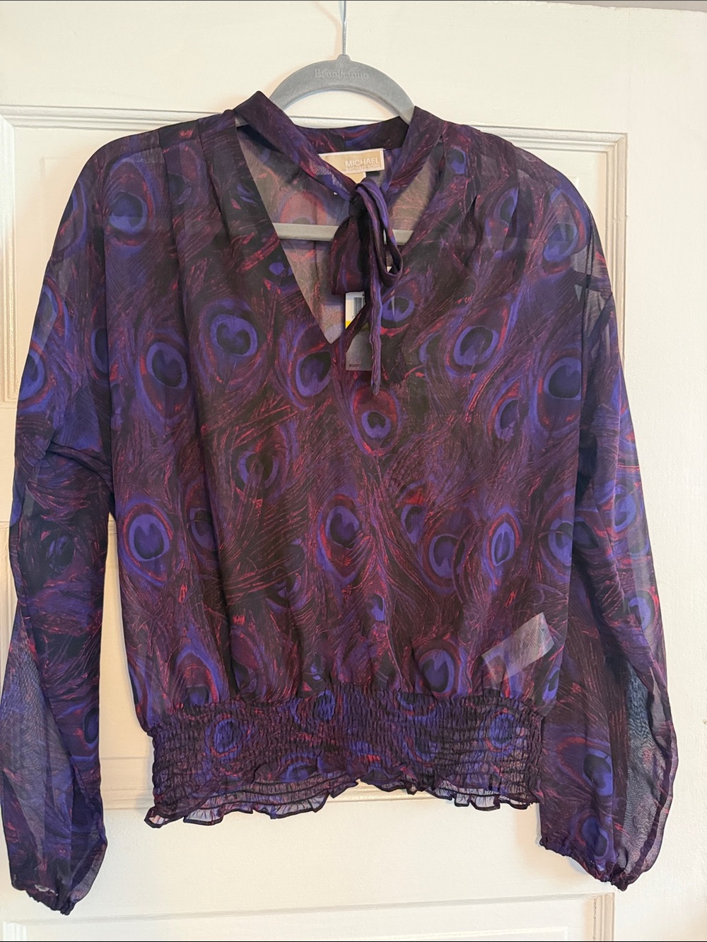MICHAEL Michael Kors Purple and Blue Peacock-Print Tie-Neck Blouse